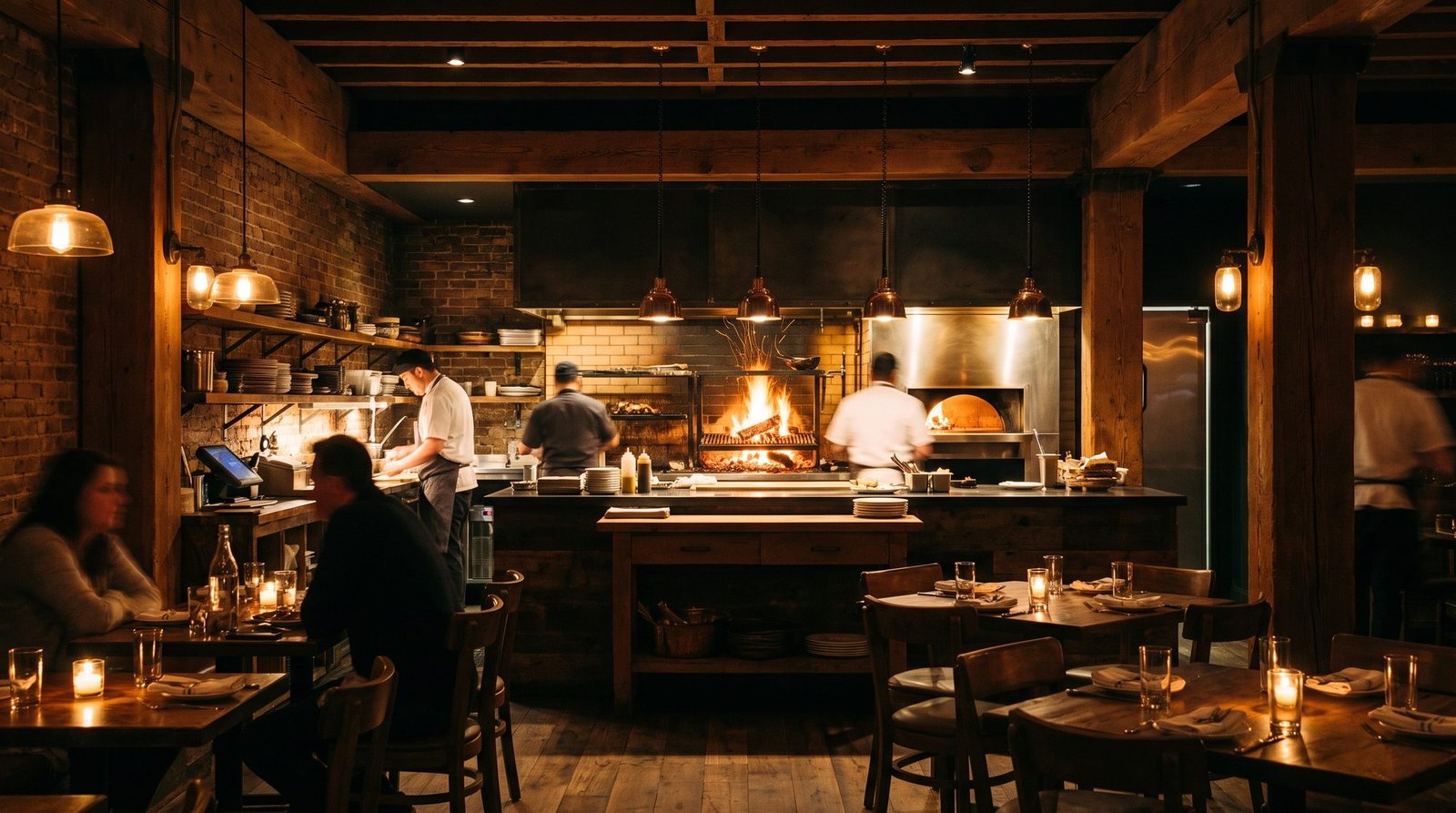The wood-fired open kitchen at Ember and Oak