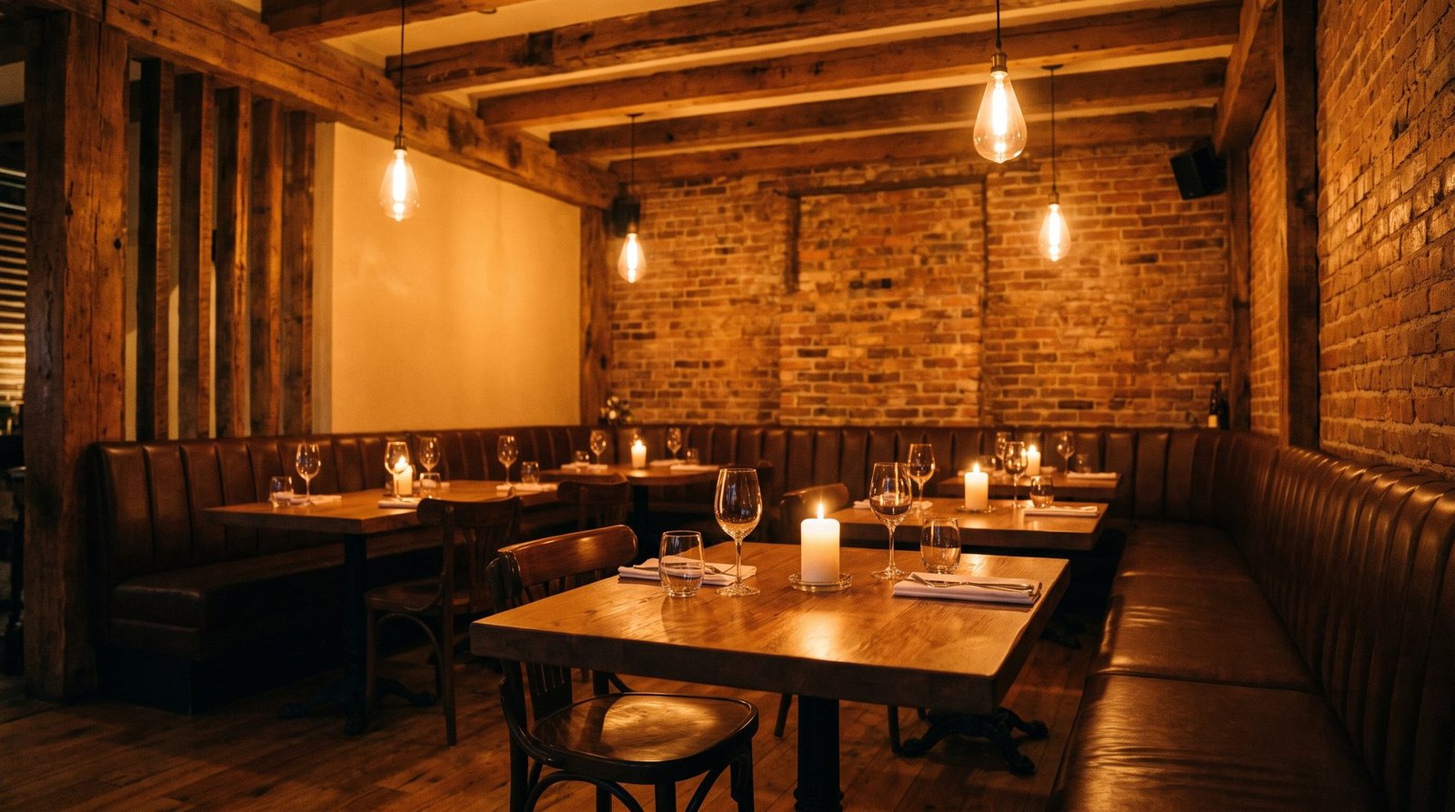 The warm, candlelit dining room
