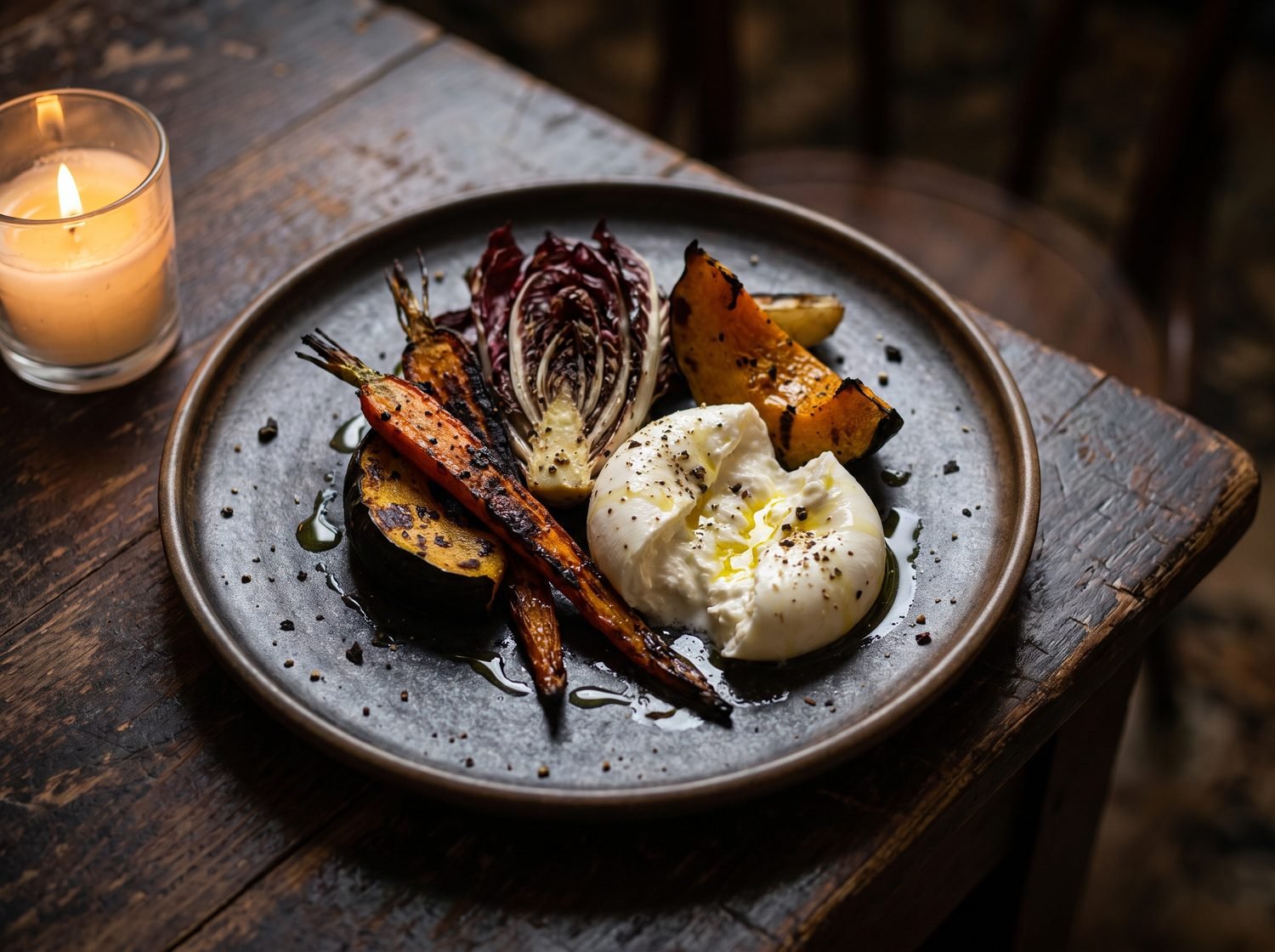 Charred burrata and seasonal vegetables