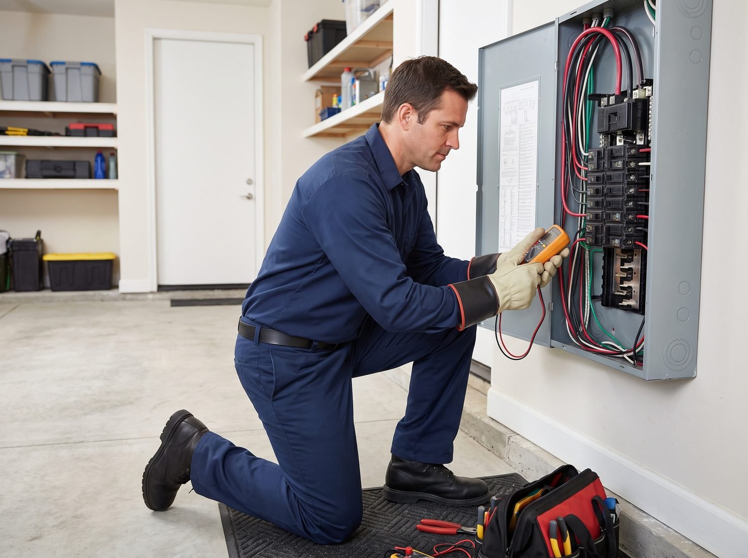 Electrician working safely inside a residential panel