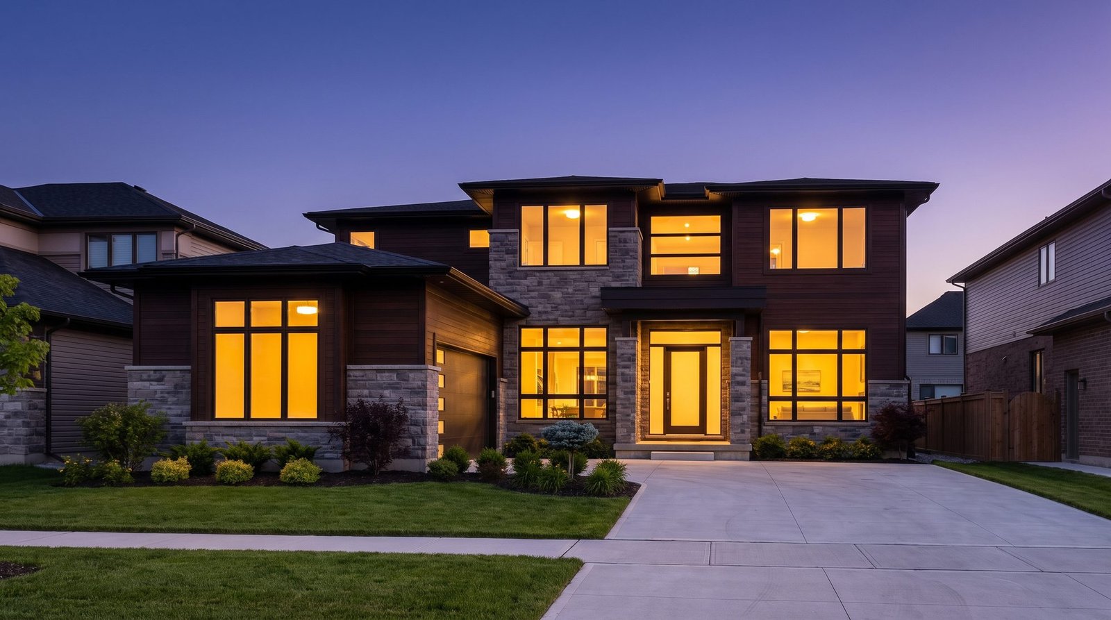 A handsome home at dusk with warm lit windows