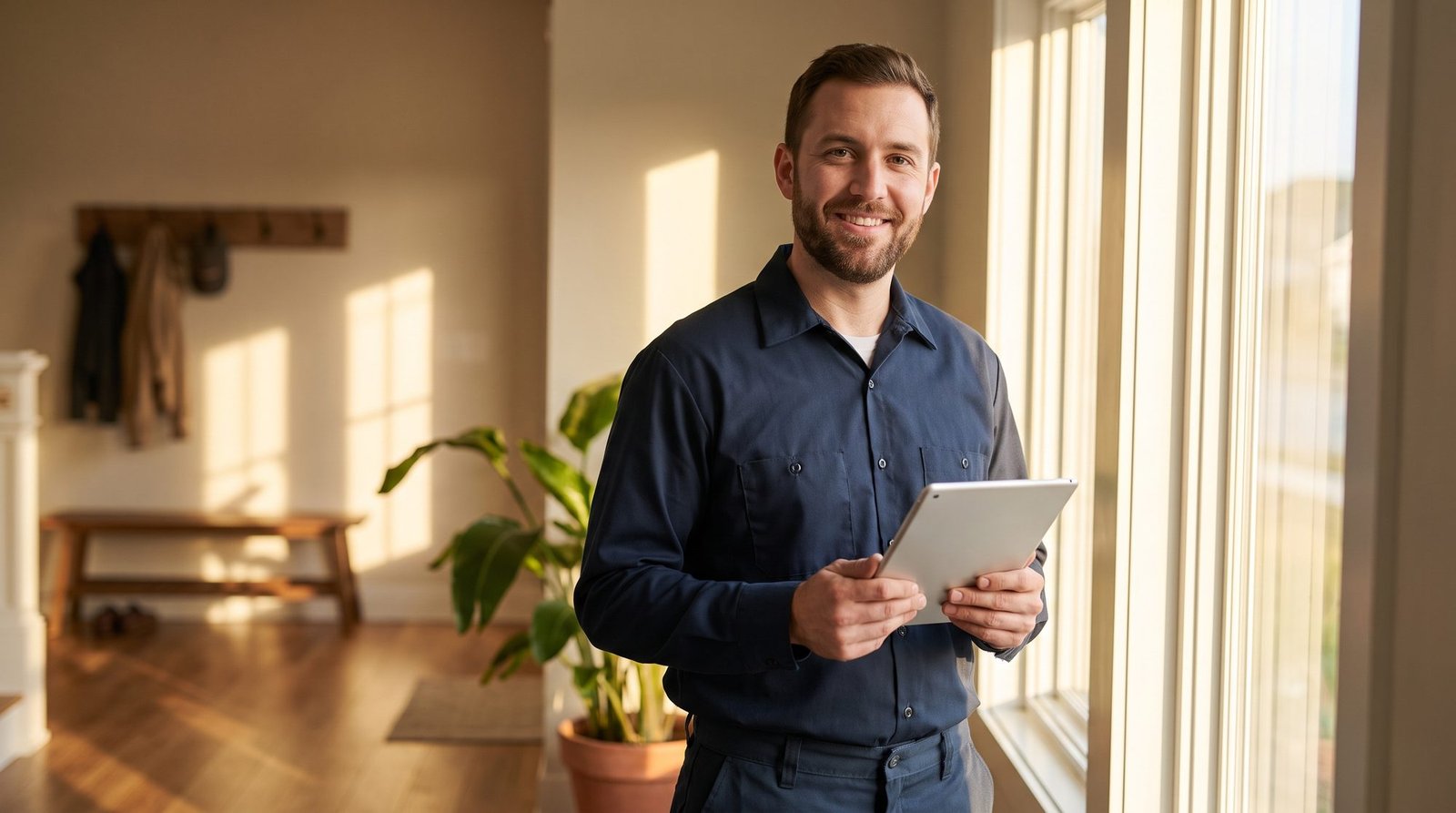 Everline technician arriving at a bright modern home