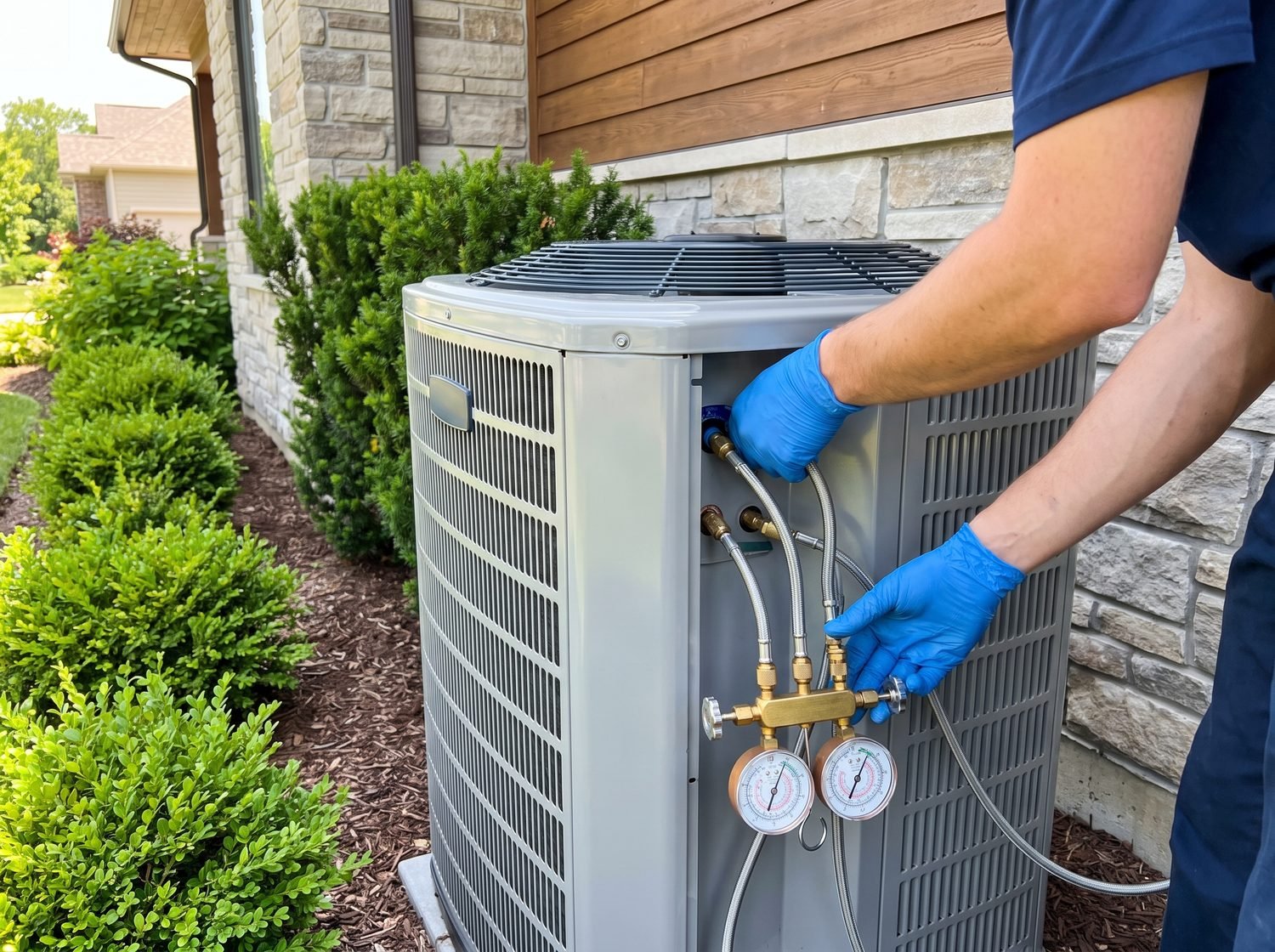 Technician servicing a home air-conditioning unit