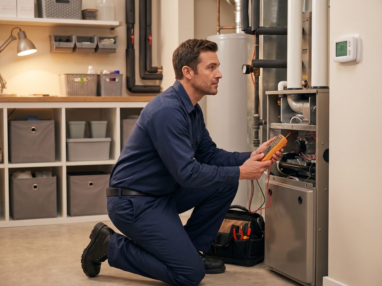 Technician checking a home furnace and thermostat