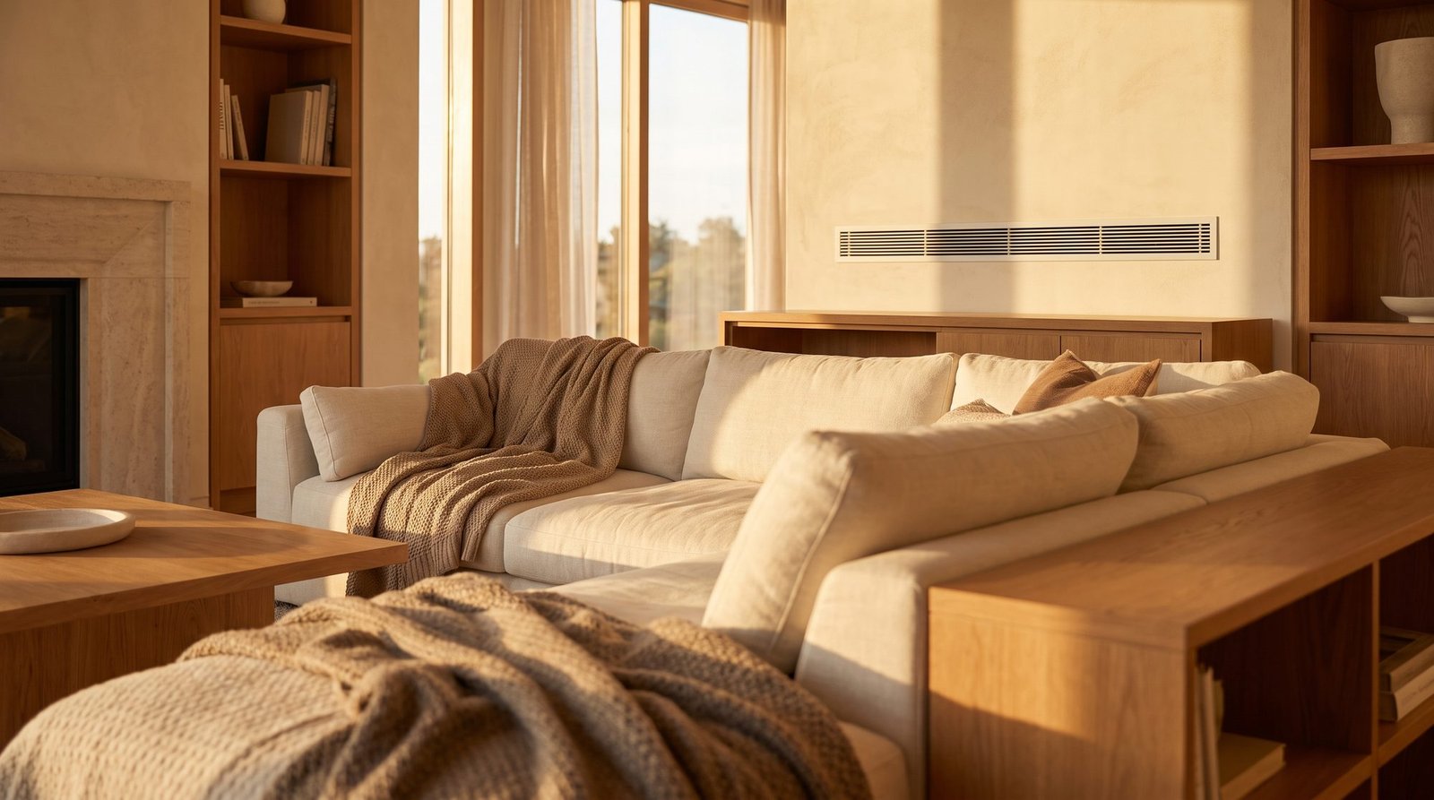 A warm, comfortable living room at golden hour