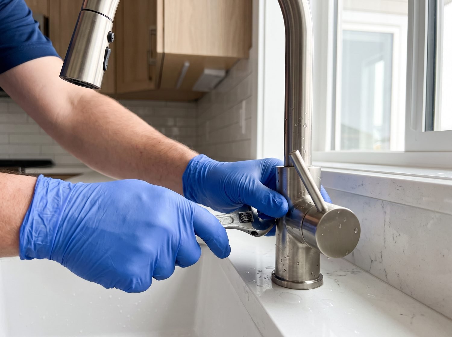 Plumber installing a modern kitchen faucet