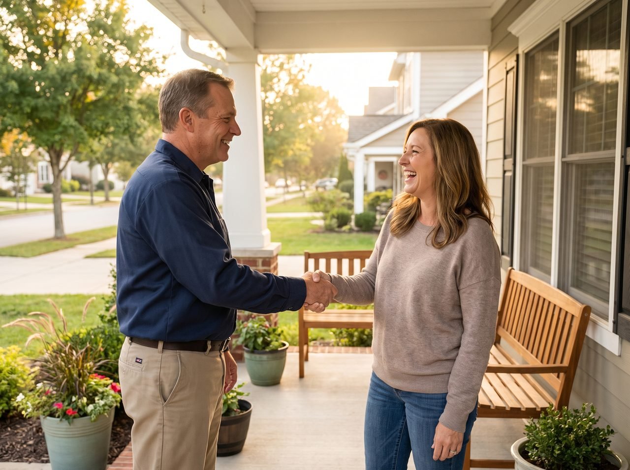 An Everline technician thanking a happy homeowner at their door