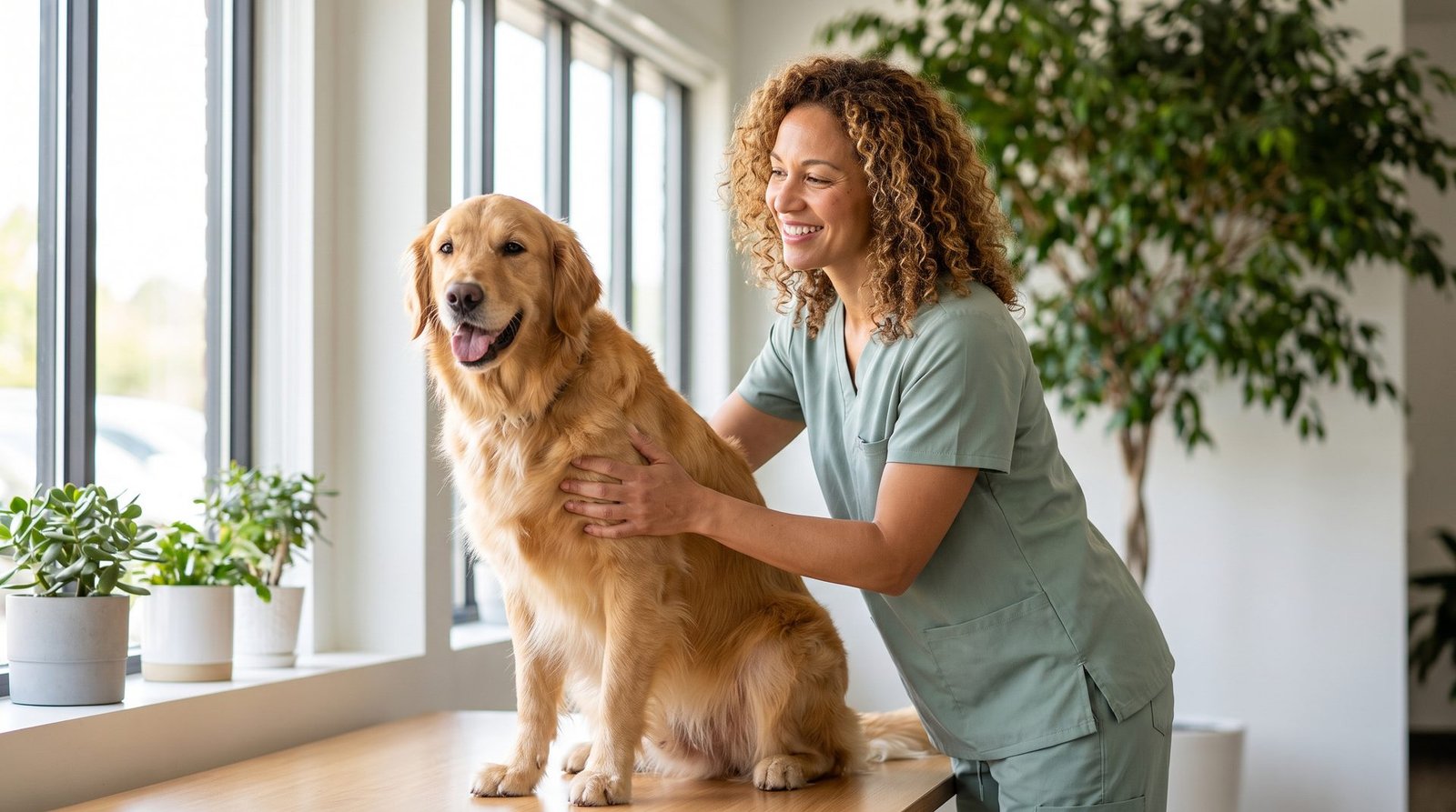 A veterinarian gently examining a happy dog at Wellspring