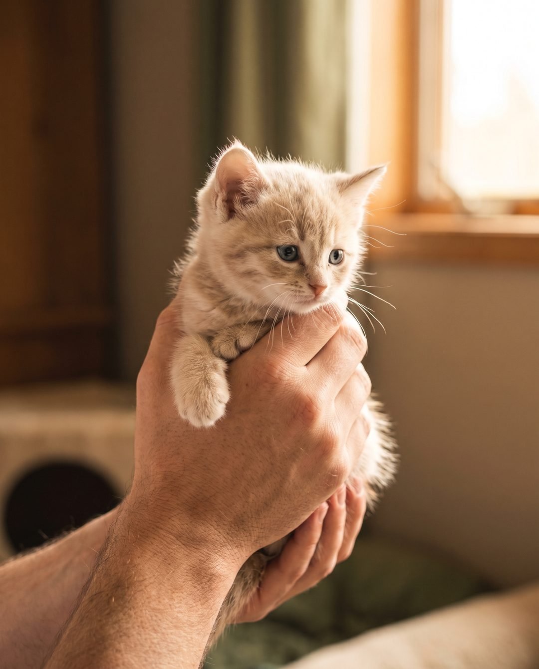 A kitten being gently held at Wellspring