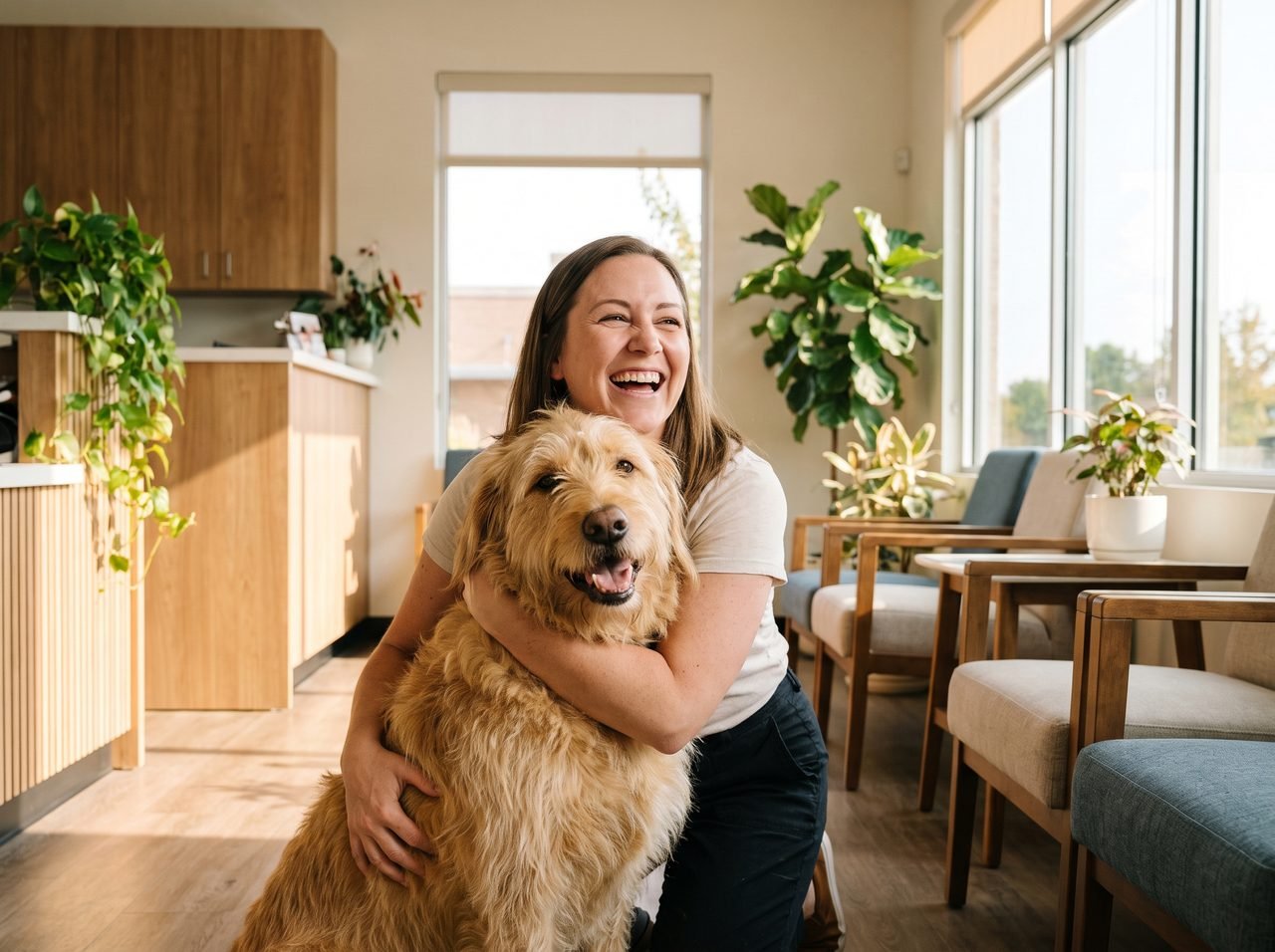 A happy pet owner with their dog at reception